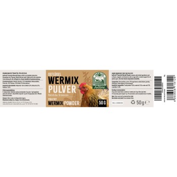 Aniforte Poultry Wermix Pulver 50g natürliches Kräuterfuttermittel mit Hühnerbild und Fütterungsempfehlungen.