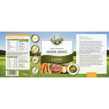 Etikett für Bellfor Heide-Menü Lamm-Hundefutter, das 64% Lamm enthält, mit Bildern von Lamm, Karotten und anderen Zutaten.