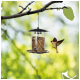 Ein Vogelhaus, das von einem Baumzweig hängt, gefüllt mit buntem Vogelfutter, mit einem kleinen Vogel im Flug, der sich ihm nähert.