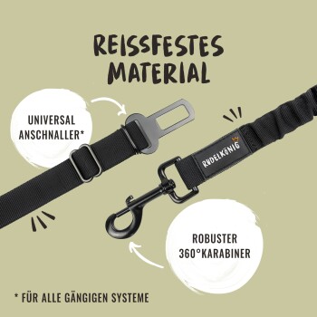 Schwarze Hundeleine mit einem universellen Clip und einem robusten 360° Karabiner, beschriftet mit "Reißfestes Material" und "RudelKönig."