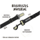 Schwarze Hundeleine mit einem universellen Clip und einem robusten 360° Karabiner, beschriftet mit "Reißfestes Material" und "RudelKönig."