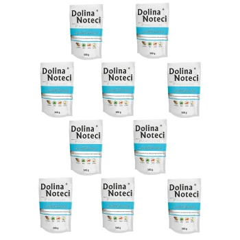 Premium Adult bogata w jagnięcinę saszetka 10x500 g Dziesięć torebek premium karmy dla zwierząt Dolina Noteci, każda oznaczona '500 g' i z niebieskim paskiem z ikonami naturalnych składników.