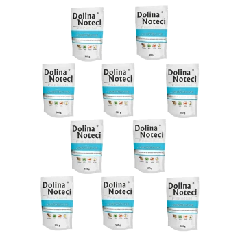 Dziesięć torebek premium karmy dla zwierząt Dolina Noteci, każda oznaczona '500 g' i z niebieskim paskiem z ikonami naturalnych składników.
