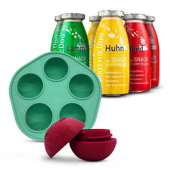 Flaschen mit SmoothieDog Hundesnacks in Lamm-, Huhn- und Rindergeschmack mit grünem Silikonform und rotem Leckerli-Spender.
