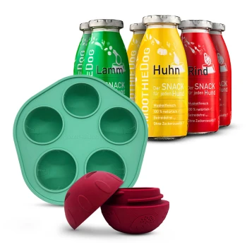 Flaschen mit SmoothieDog Hundesnacks in Lamm-, Huhn- und Rindergeschmack mit grünem Silikonform und rotem Leckerli-Spender.