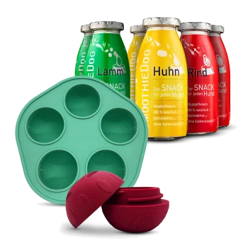 Flaschen mit SmoothieDog Hundesnacks in Lamm-, Huhn- und Rindergeschmack mit grünem Silikonform und rotem Leckerli-Spender.