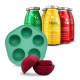 Flaschen mit SmoothieDog Hundesnacks in Lamm-, Huhn- und Rindergeschmack mit grünem Silikonform und rotem Leckerli-Spender.