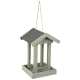 Hanging wooden bird feeder with a sloped roof and open design, featuring a light green finish and a textured black top.