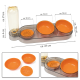 Futterstation für Haustiere mit zwei orangefarbenen Schalen, einem Wasserspender und in Zentimetern beschrifteten Maßen.