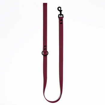 Burgunderfarbener Hundeleine mit schwarzem Clip und Metallring, vor einem weißen Hintergrund präsentiert.