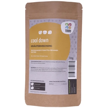 Paket eines pflanzlichen Nahrungsergänzungsmittels mit der Aufschrift "cool down" für Hunde und Katzen, mit Zutaten wie Hopfen, Ginkgo und Ingwer, das Entspannung fördert.