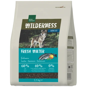 Real Nature Wilderness Adult „Fresh Water“ Lachs-Tüte mit Wolfbild, Fisch/Apfel-Grafik, 2,5 kg, 60/40/0