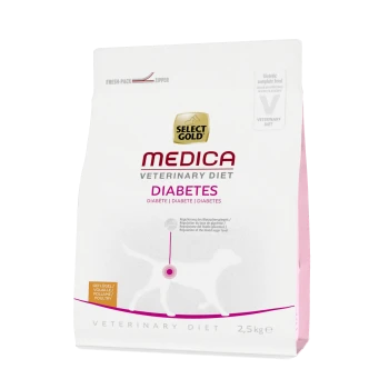 Select Gold Medica Veterinärdiät für Hunde, 2,5 kg Tüte, gekennzeichnet für das Diabetesmanagement mit mehrsprachigem Text zur Regulierung des Blutzuckerspiegels.