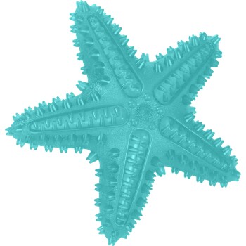 Jouet à mâcher pour animal en caoutchouc turquoise en forme d'étoile de mer, texturé, avec picots saillants et rainures striées.