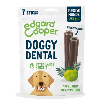 Edgard Cooper Doggy Dental-Tüte mit 7 Sticks, mit den Aufschriften 'Große Hunde 25 kg+', 'Extra lange Kauzeit', Abbildung eines Apfels und eines Hundes.