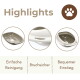 Bilder einer beigen Katzentoilette unter 'Highlights' mit Pfoten-Symbol; deutscher Text: 'Einfache Reinigung', 'Bruchsicher', 'Bequemer Einstieg'.