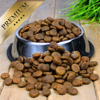 Eine silberne Haustierfutterschüssel, die über mit braunen Kroketten überquillt, mit einigen verstreut auf einer Holzoberfläche; ein "PREMIUM"-Etikett in der Ecke.