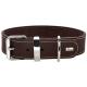 Brauner Lederhalsband für Hunde mit silberner Metallschnalle und D-Ring, ausgestattet mit weißen Nähten und einem kleinen "HUNTER"-Logo.
