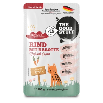 Beutel 'THE GOOD STUFF' Feuchtfutter – Rind mit Karotte (Beef with Carrot), 100 g; orangefarbene Cartoon-Katze und Karotten