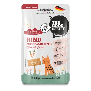 Beutel 'THE GOOD STUFF' Feuchtfutter – Rind mit Karotte (Beef with Carrot), 100 g; orangefarbene Cartoon-Katze und Karotten