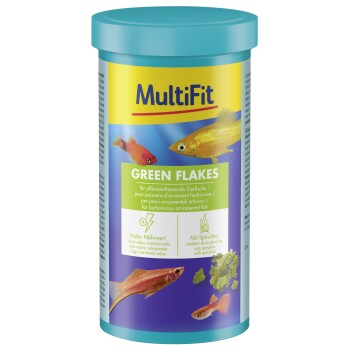 Nourriture MultiFit Green Flakes pour poissons herbivores d'ornement, haute valeur nutritionnelle, avec spiruline, images de poissons colorés.
