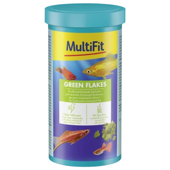 MultiFit Green Flakes fish food for herbivorous ornamental fish, high nutritional value, with spirulina, images of colorful fish.