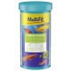 MultiFit Green Flakes fish food for herbivorous ornamental fish, high nutritional value, with spirulina, images of colorful fish.