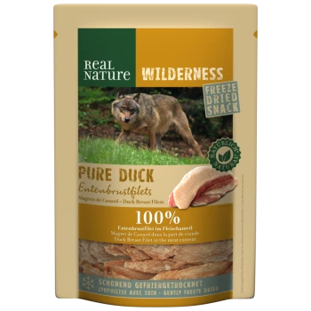 Freeze-dried snack package labeled "Real Nature Wilderness Pure Duck" featuring duck breast fillets, with a wolf in the background.
