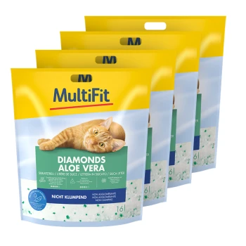 Diamonds Aloe Vera Silicate Litter 4x16 l MultiFit Diamonds Aloe Vera silica cat litter, non-clumping, 16L, with image of an orange cat on yellow and blue packaging.