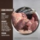 Bol de viande crue de boeuf, porc, agneau, sardines, abats et baies. Le texte indique "RÉGIME WHOLEPREY" avec les types de viande en français.