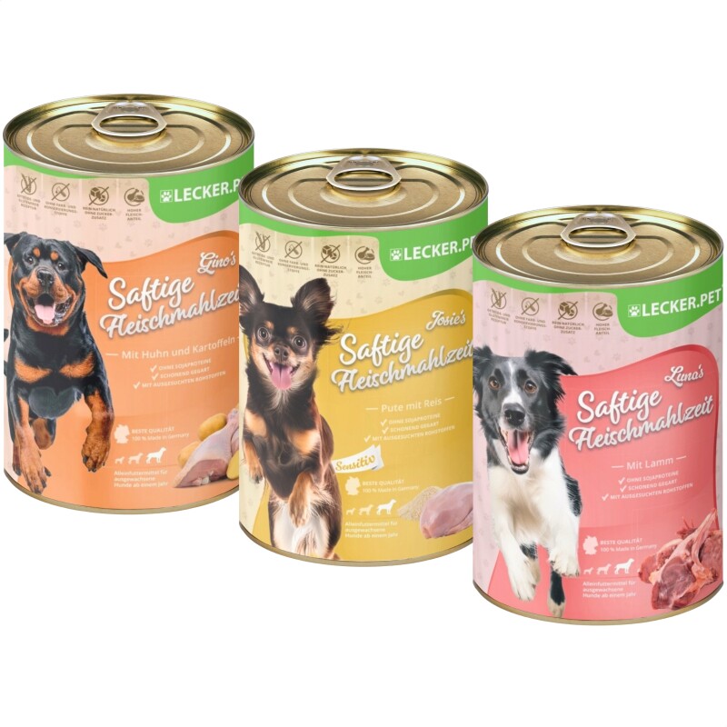 Lyra Pet Lecker.Pet Gino's, Josie's & Luna's Saftige Fleischmahlzeit Hunde Nassfutter Mix 18x400g Vollnahrung