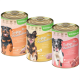 Drei Lecker.PET Hundefutterdosen: Huhn mit Kartoffeln, Truthahn mit Reis und Lamm, jede mit einem Hundebild und Nährwertinformationen.