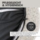 Ein hellbeiges rundes Hundebett mit gepolstertem Rand und einem schlafenden Französischen Bulldoggen. Text: "Gemütliche Sicherheit" und "Runde Donut-Form."