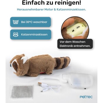 Plüschwaschbär-Spielzeug mit abnehmbarem Motor und Katzenminze-Täschchen, inklusive USB-Ladekabel und Waschhinweisen auf Deutsch.