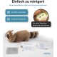 Plüschwaschbär-Spielzeug mit abnehmbarem Motor und Katzenminze-Täschchen, inklusive USB-Ladekabel und Waschhinweisen auf Deutsch.