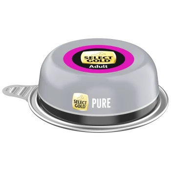 Select Gold Pure Adult Nassfutter für Hunde in einer grauen versiegelten Metalldose mit lila-schwarzem Etikett.