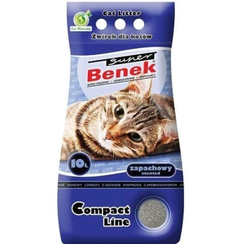 Super Compact Sea Breeze 10L Verpackung für Katzenstreu mit einer Nahaufnahme einer getigerten Katze, beschriftet "Sunex Benek," mit "parfümiert" und "Komfortlinie" deutlich sichtbar.