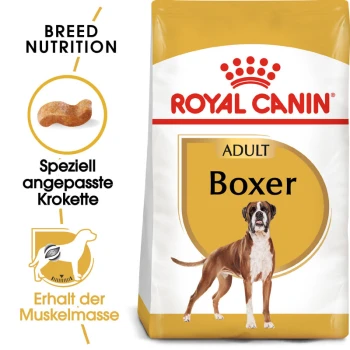 Royal Canin Adult Boxer Hundefutterbeutel mit einem Bild eines Boxers, mit Text, der die Rassenernährung und speziell angepasste Kroketten hervorhebt.