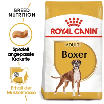 Royal Canin Adult Boxer Hundefutterbeutel mit einem Bild eines Boxers, mit Text, der die Rassenernährung und speziell angepasste Kroketten hervorhebt.