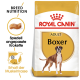 Royal Canin Adult Boxer Hundefutterbeutel mit einem Bild eines Boxers, mit Text, der die Rassenernährung und speziell angepasste Kroketten hervorhebt.