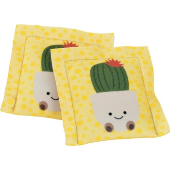 Two yellow polka-dot fabric square pet toys with smiling potted cactus print and stitched edges