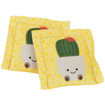 Two yellow polka-dot fabric square pet toys with smiling potted cactus print and stitched edges