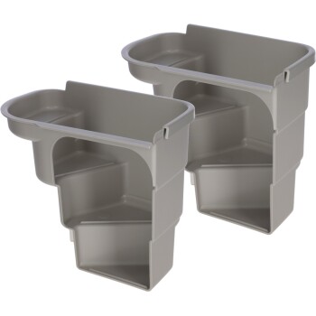 Zwei graue Kunststoff-Eck-Einlagen für Katzenstreu mit gestuftem Innenraumdesign, gezeigt auf weißem Hintergrund.