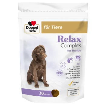 Double cœur Relax Complex Chews 30 pcs Doppelherz Relax Complex pour chiens, avec un Labrador sur le devant, avec "30 Chews" et des ingrédients comme L-Tryptophane et Magnésium.