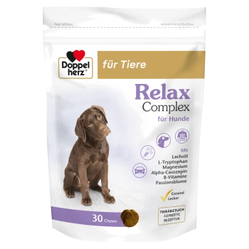 Doppelherz Relax Complex für Hunde, mit einem Labrador auf der Vorderseite, mit "30 Kaubonbons" und Zutaten wie L-Tryptophan und Magnesium.