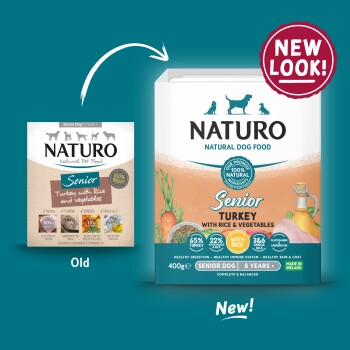 Comparison of old and new Naturo Senior Turkey with Rice & Vegetables dog food packaging, 400g, for senior dogs 8+ years.