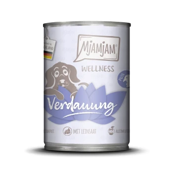 nourriture humide chien Adult Wellness, digestion dinde 6 x 400 g Nourriture pour chiens en conserve étiquetée "Mjamjam Wellness" avec un chien de dessin animé et une fleur de lotus bleue, comportant le mot "Verdauung" (digestion) en blanc.