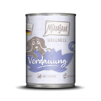 Dosen-Hundefutter mit der Aufschrift 'Mjamjam Wellness' mit einem Cartoon-Hund und einer blauen Lotusblume, mit dem Wort 'Verdauung' in Weiß.