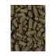 Nahaufnahme von dunkelbraunen Tierfutterpellets, zylindrisch geformt, dicht auf einer Oberfläche verstreut.