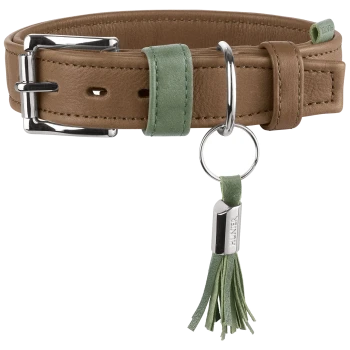 Braunes Lederhalsband mit grünen Akzenten, silberner Schnalle und D-Ring, Quastenanhänger mit Gravur 'HUNTER'.